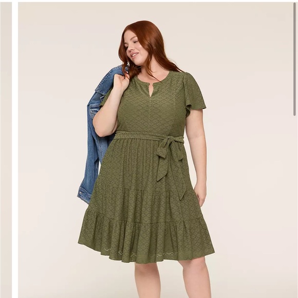 NWT Lane Bryant Knit Eyelet Split-Neck Dress Olive Green Size 14 16 - Picture 4 of 9